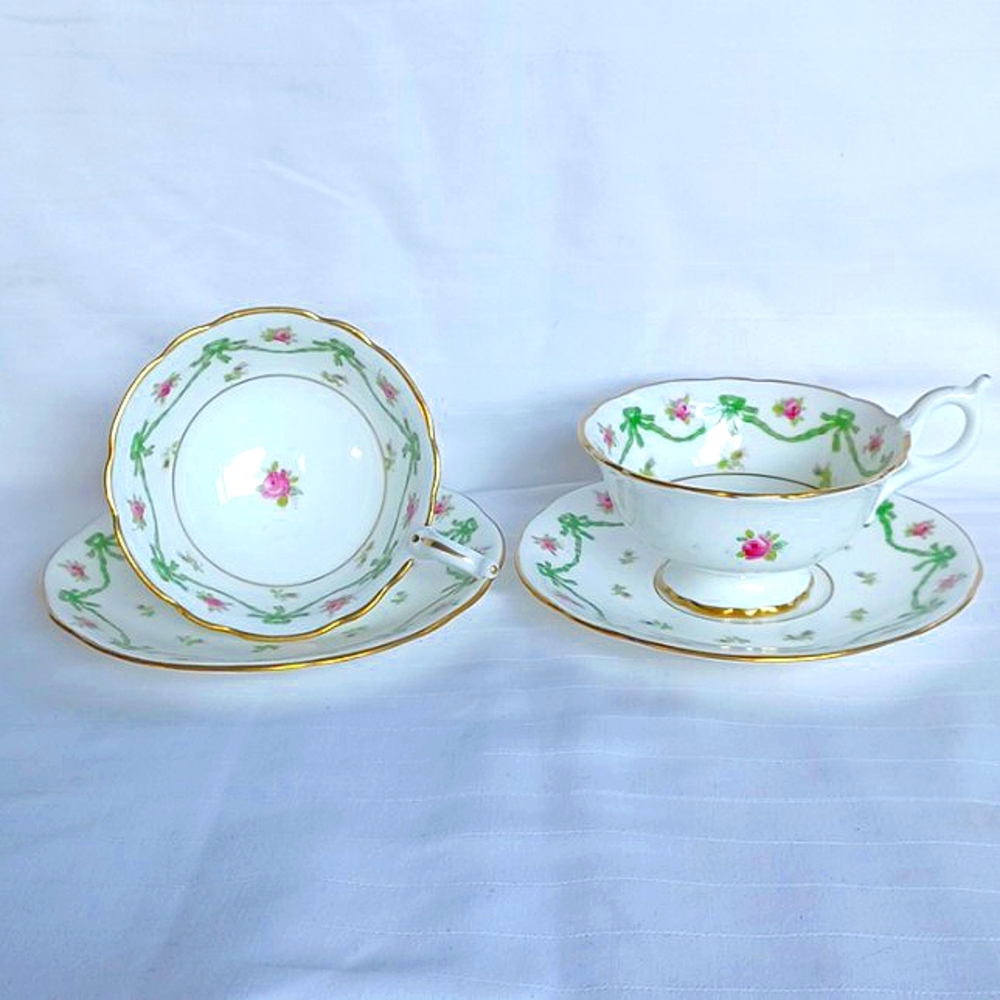 Coalport Vintage Made in England "Ribbons and Roses" Teacups & Saucers